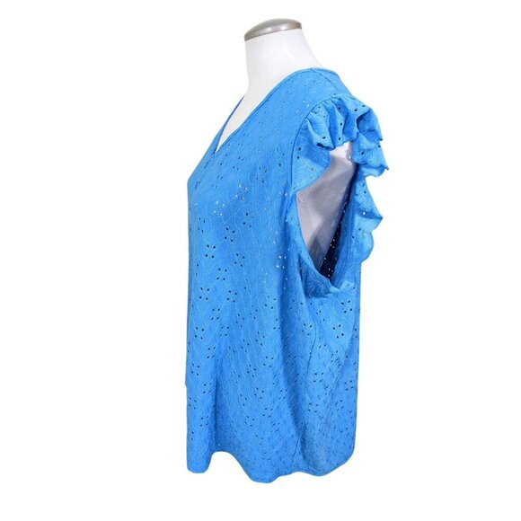 Womens Plus Size 3X Eyelet Flutter Short Sleeve Top Blouse Aqua Blue Feminine - Picture 3 of 7